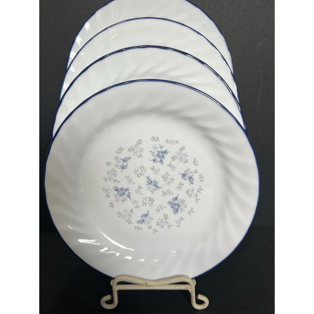 4 VINTAGE Corelle Blue Fleur Floral Swirl Rim 7 1/4